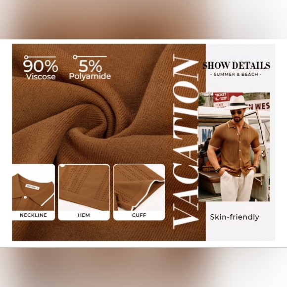 Grace Karin Beige Short Sleeve Men's Shirt #1182 - Picture 8 of 9